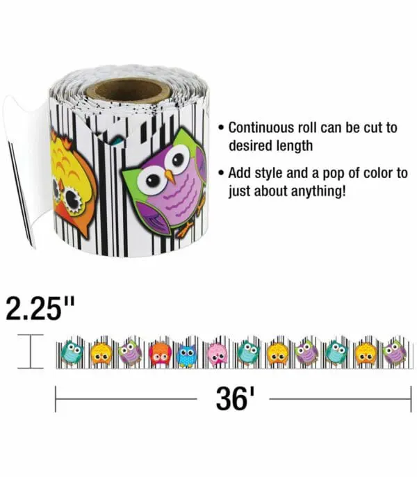 Colourful Owls - Rolled Scalloped Borders - +-11 Meters x 5.5cm