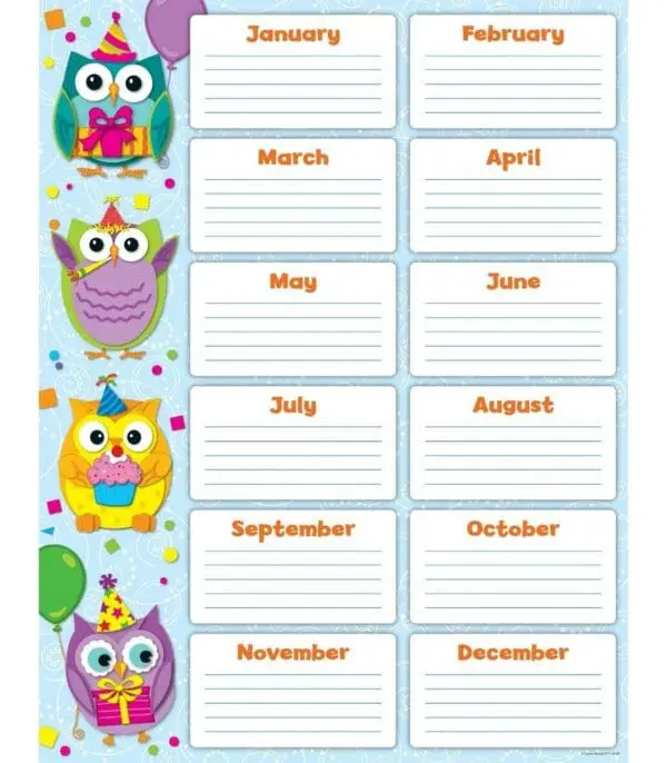 Happy Birthday Colourful Owls - Wall Chart +/-43x56cm