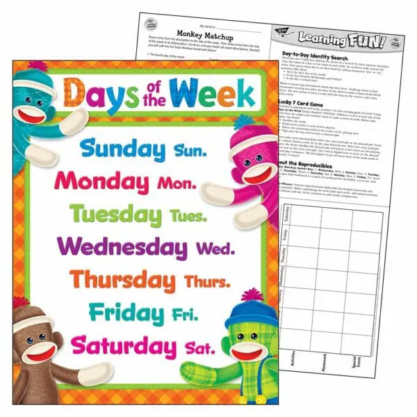 Monkeys - Days of the Week - Sock Monkeys - Wall Chart +/-43x56cm