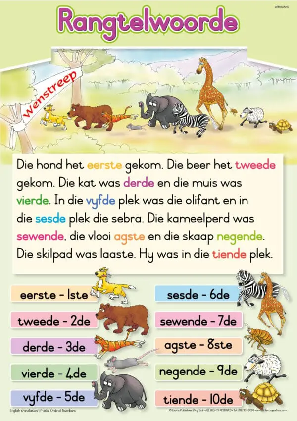 Rangtelwoorde - Afrikaans - Wall Chart - A1 Laminated