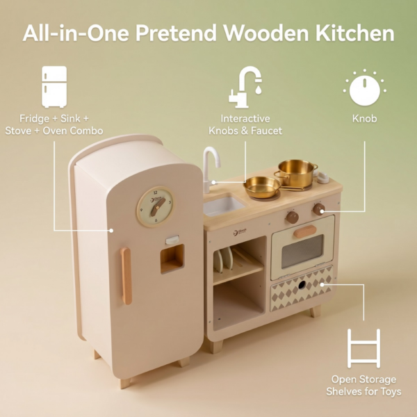 Pretend Play - Modern Wooden Play Kitchen with Fridge - Image 4